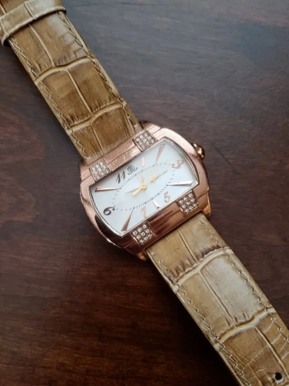 Jennifer Lopez Rose Gold Crystal Accent Rectangle Face Leather Band Womens Watch